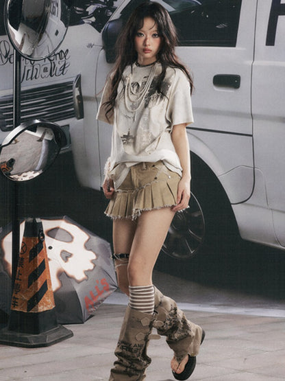 Faux Layered Ripped Back Pleats Short-Sleeved T-Shirt【s0000017064】