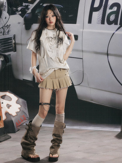 Faux Layered Ripped Back Pleats Short-Sleeved T-Shirt【s0000017064】
