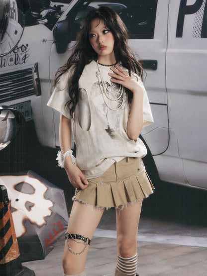 Faux Layered Ripped Back Pleats Short-Sleeved T-Shirt【s0000017064】