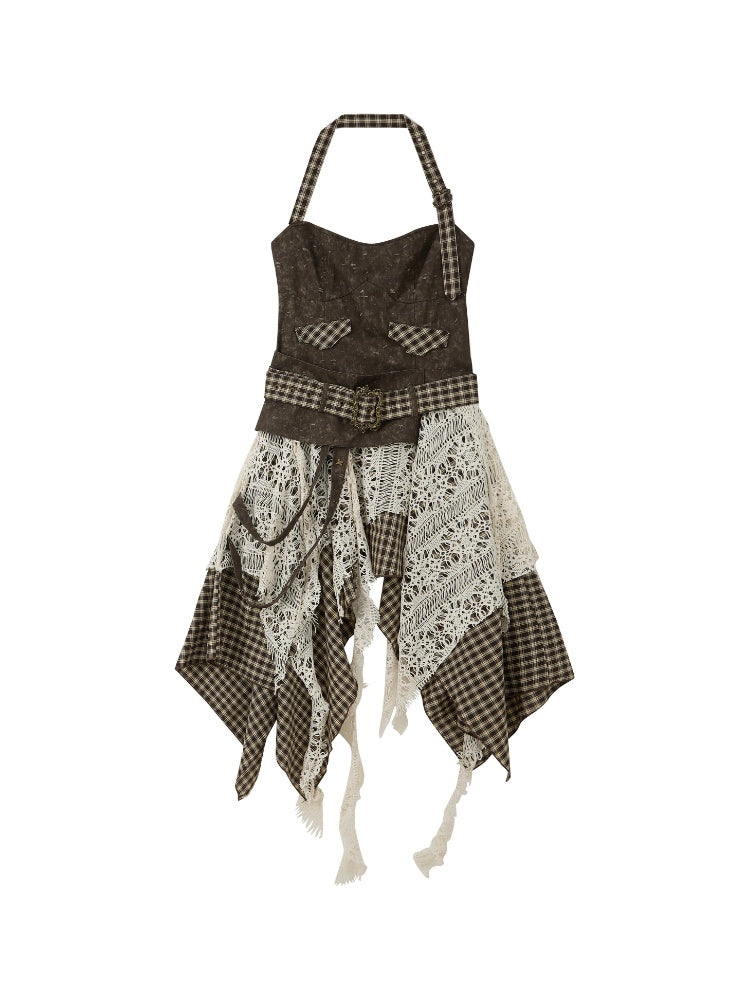 Plaid Spliced Irregular Short Skirt Dress【s0000017066】