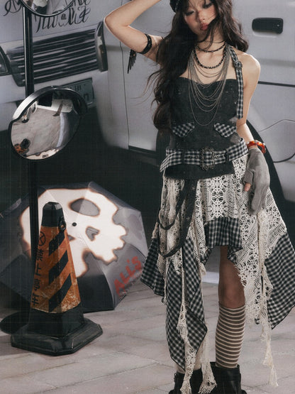 Plaid Spliced Irregular Short Skirt Dress【s0000017066】