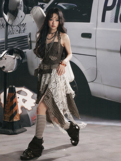 Plaid Spliced Irregular Short Skirt Dress【s0000017066】