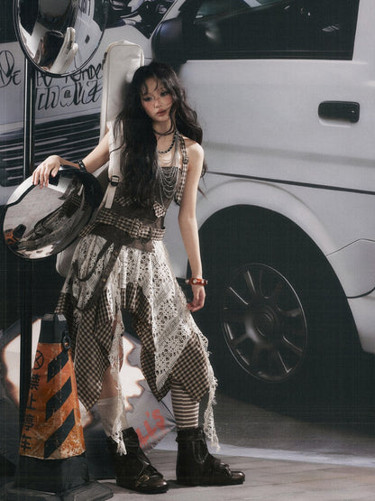 Plaid Spliced Irregular Short Skirt Dress【s0000017066】