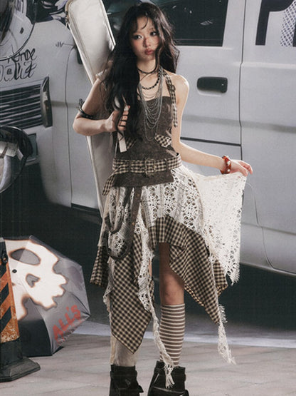 Plaid Spliced Irregular Short Skirt Dress【s0000017066】