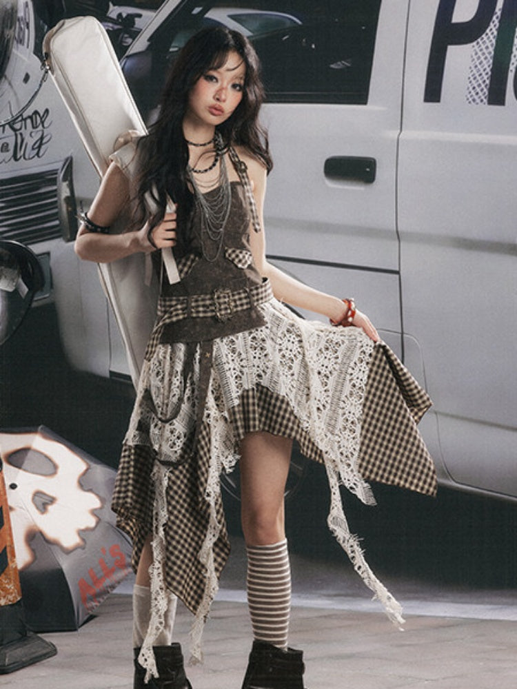Plaid Spliced Irregular Short Skirt Dress【s0000017066】