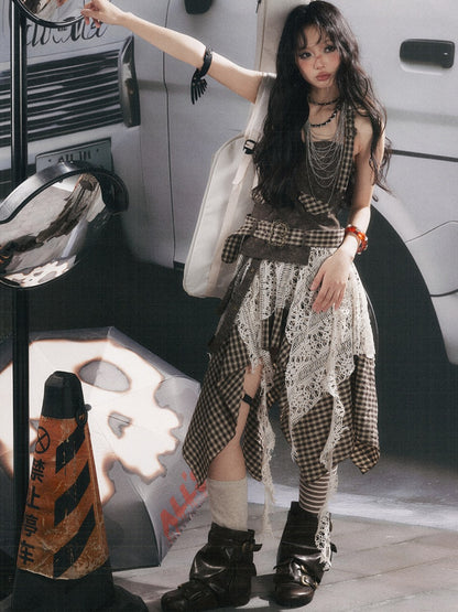 Plaid Spliced Irregular Short Skirt Dress【s0000017066】