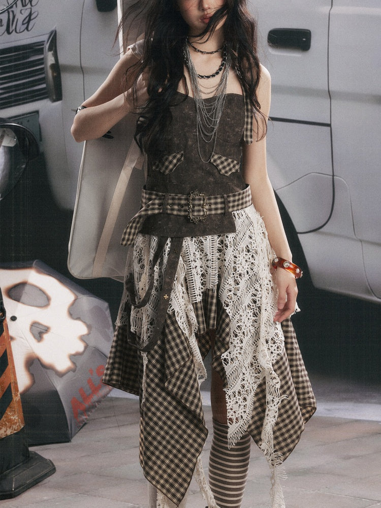 Plaid Spliced Irregular Short Skirt Dress【s0000017066】