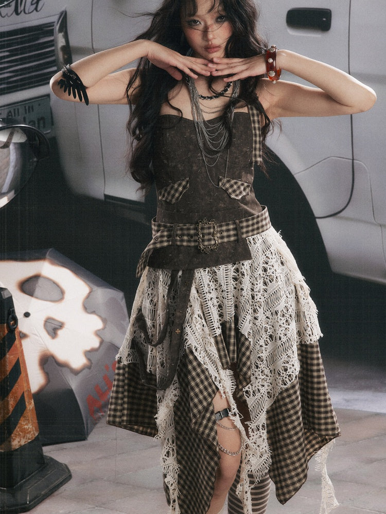 Plaid Spliced Irregular Short Skirt Dress【s0000017066】