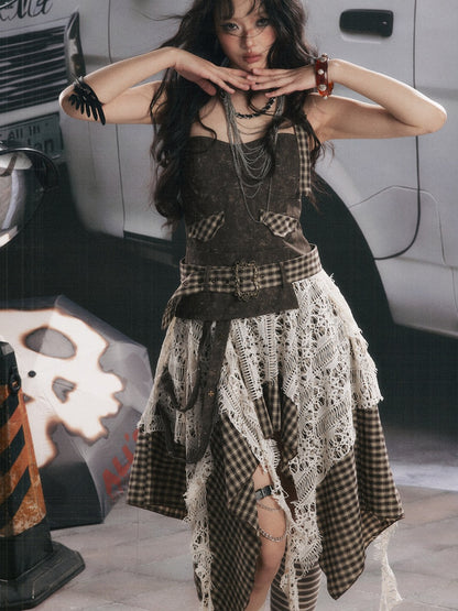 Plaid Spliced Irregular Short Skirt Dress【s0000017066】