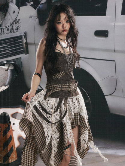 Plaid Spliced Irregular Short Skirt Dress【s0000017066】