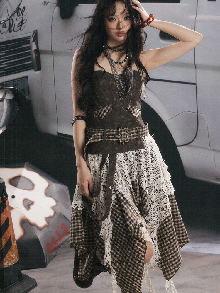 Plaid Spliced Irregular Short Skirt Dress【s0000017066】