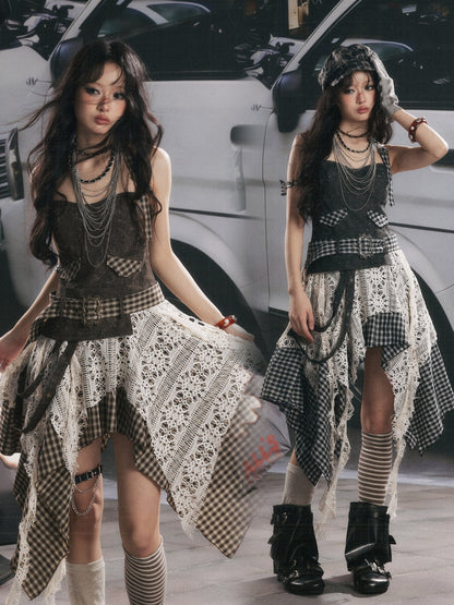 Plaid Spliced Irregular Short Skirt Dress【s0000017066】