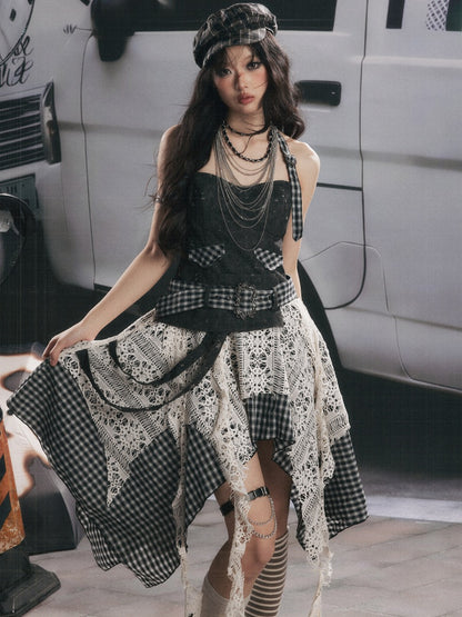 Plaid Spliced Irregular Short Skirt Dress【s0000017066】