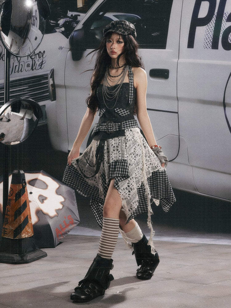 Plaid Spliced Irregular Short Skirt Dress【s0000017066】