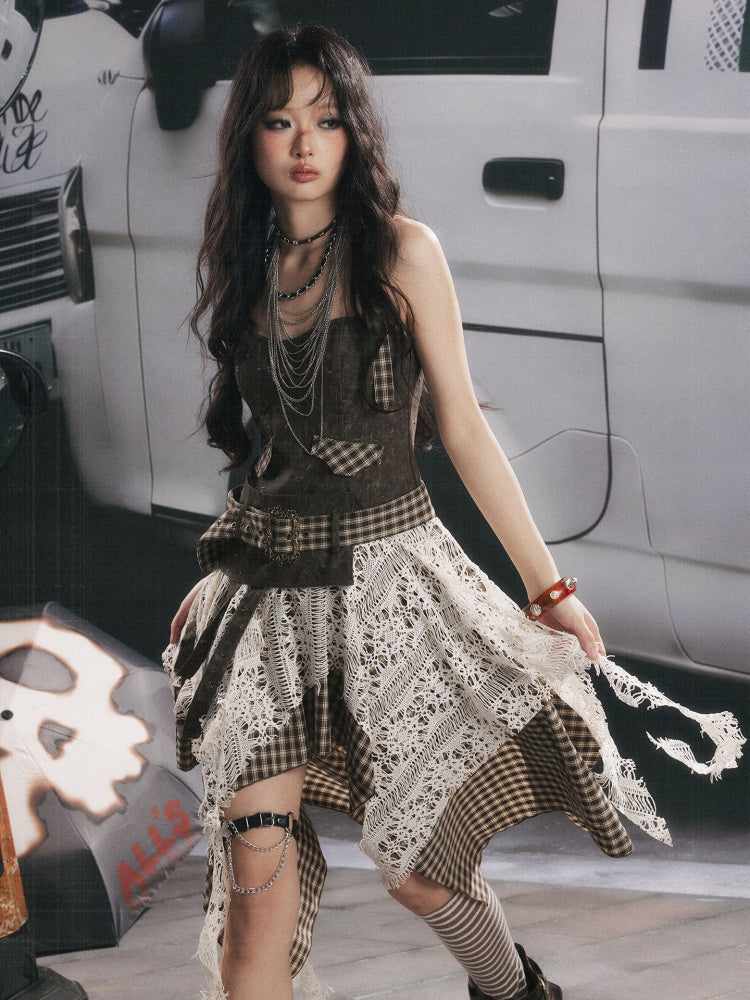 Plaid Spliced Irregular Short Skirt Dress【s0000017066】