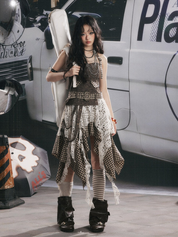 Plaid Spliced Irregular Short Skirt Dress【s0000017066】