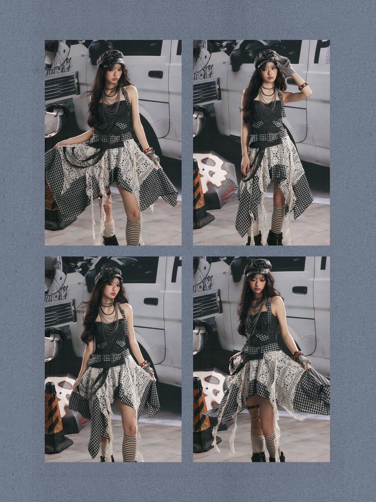 Plaid Spliced Irregular Short Skirt Dress【s0000017066】
