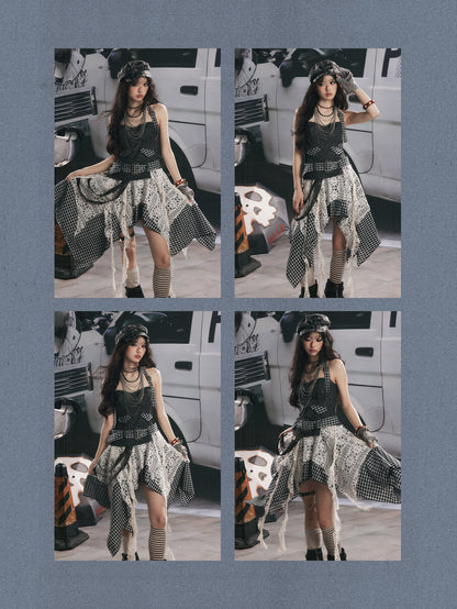 Plaid Spliced Irregular Short Skirt Dress【s0000017066】