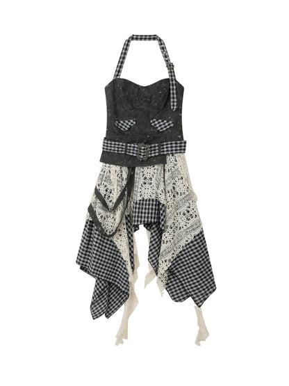 Plaid Spliced Irregular Short Skirt Dress【s0000017066】