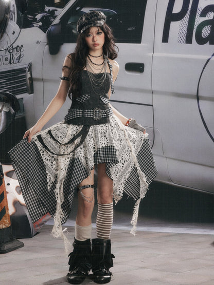 Plaid Spliced Irregular Short Skirt Dress【s0000017066】