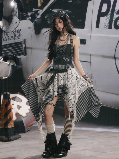 Plaid Spliced Irregular Short Skirt Dress【s0000017066】