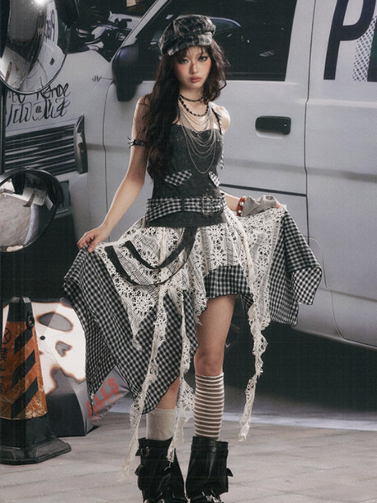 Plaid Spliced Irregular Short Skirt Dress【s0000017066】