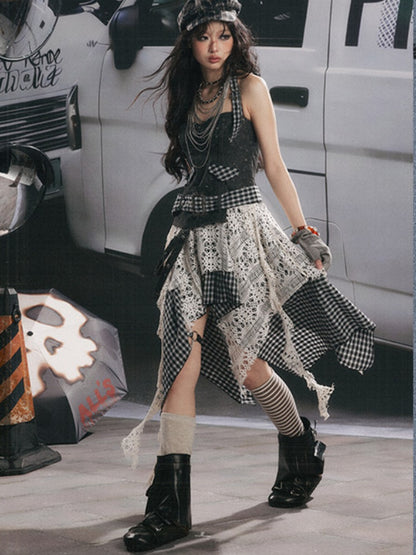 Plaid Spliced Irregular Short Skirt Dress【s0000017066】
