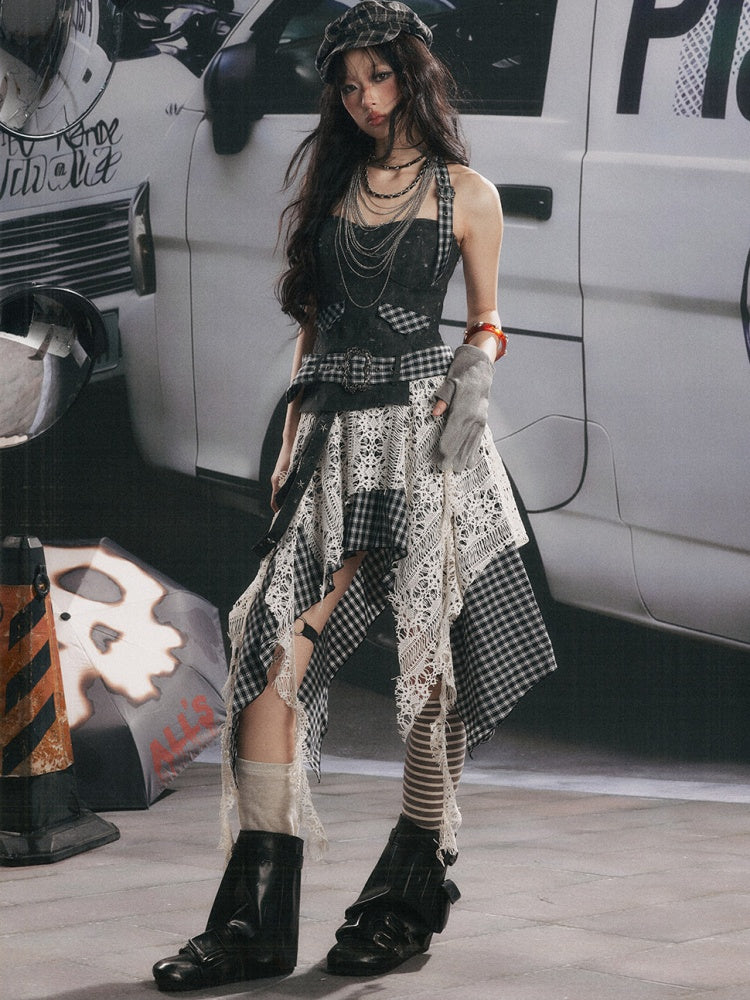 Plaid Spliced Irregular Short Skirt Dress【s0000017066】
