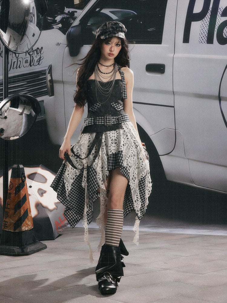 Plaid Spliced Irregular Short Skirt Dress【s0000017066】