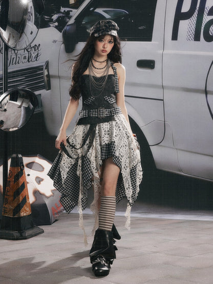 Plaid Spliced Irregular Short Skirt Dress【s0000017066】