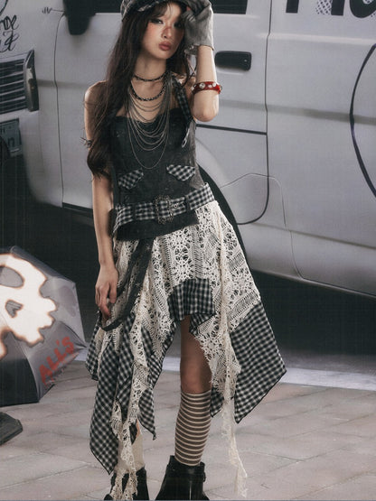 Plaid Spliced Irregular Short Skirt Dress【s0000017066】