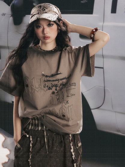 Round Neck Letter Loose Short Sleeve T-Shirt 【s0000017067】
