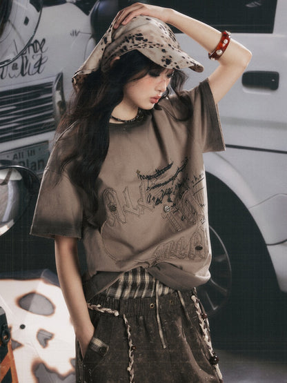 Round Neck Letter Loose Short Sleeve T-Shirt 【s0000017067】