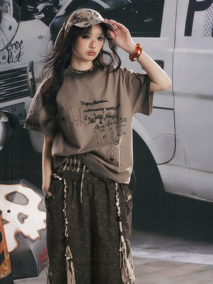 Round Neck Letter Loose Short Sleeve T-Shirt 【s0000017067】