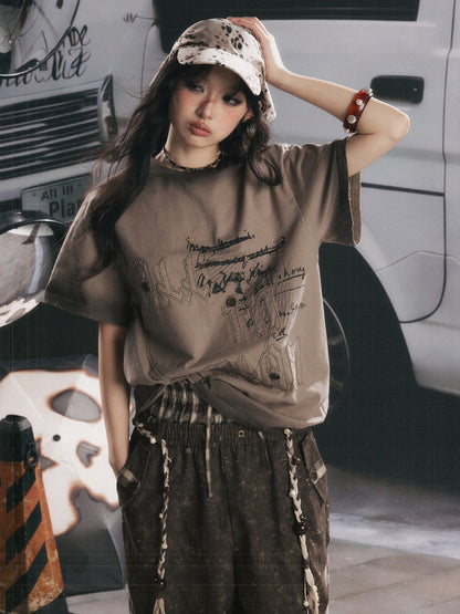 Round Neck Letter Loose Short Sleeve T-Shirt 【s0000017067】