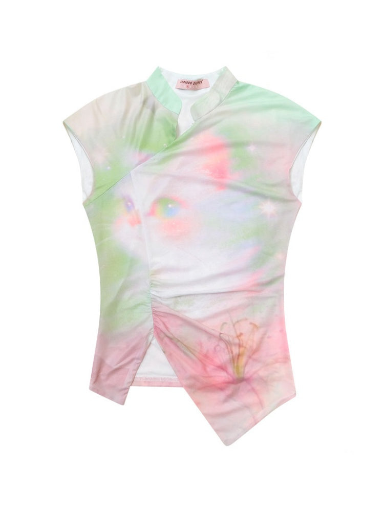 Chinese Blended Cat Print Powder Green Mesh Short Sleeve T-Shirt【s0000017068】