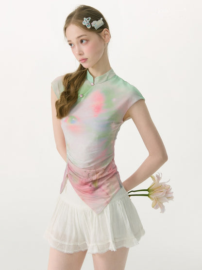 Chinese Blended Cat Print Powder Green Mesh Short Sleeve T-Shirt【s0000017068】