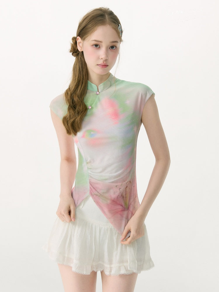 Chinese Blended Cat Print Powder Green Mesh Short Sleeve T-Shirt【s0000017068】