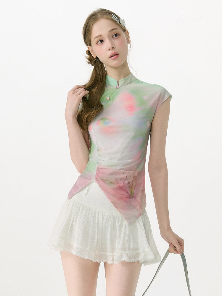 Chinese Blended Cat Print Powder Green Mesh Short Sleeve T-Shirt【s0000017068】