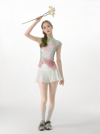 Chinese Blended Cat Print Powder Green Mesh Short Sleeve T-Shirt【s0000017068】