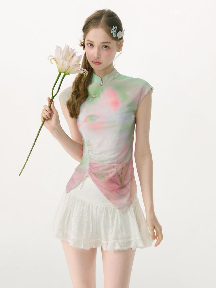 Chinese Blended Cat Print Powder Green Mesh Short Sleeve T-Shirt【s0000017068】