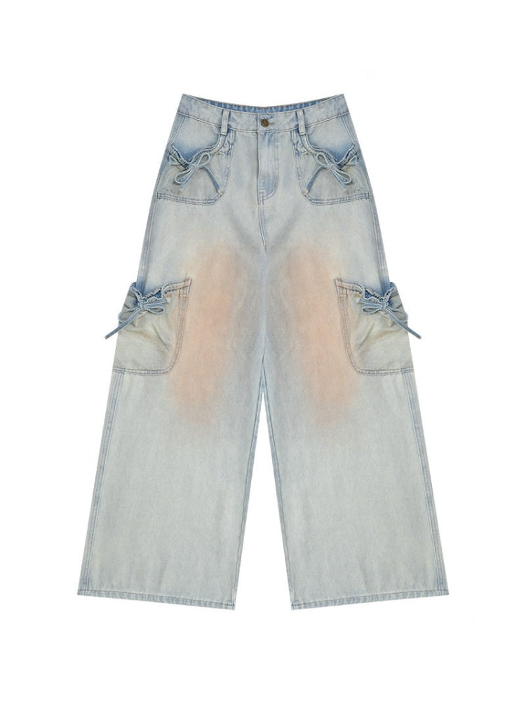 Washed Bow Pocket High Waist Wide-Leg Denim Pants【s0000017069】