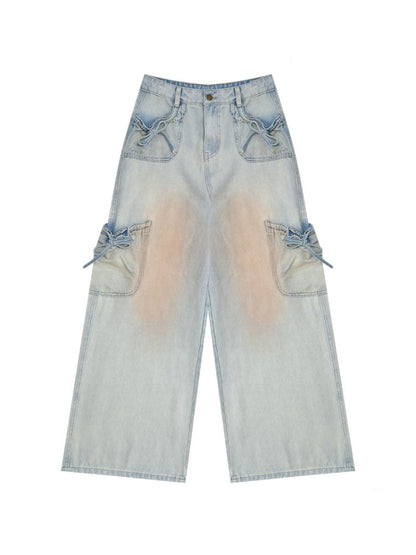 Washed Bow Pocket High Waist Wide-Leg Denim Pants【s0000017069】