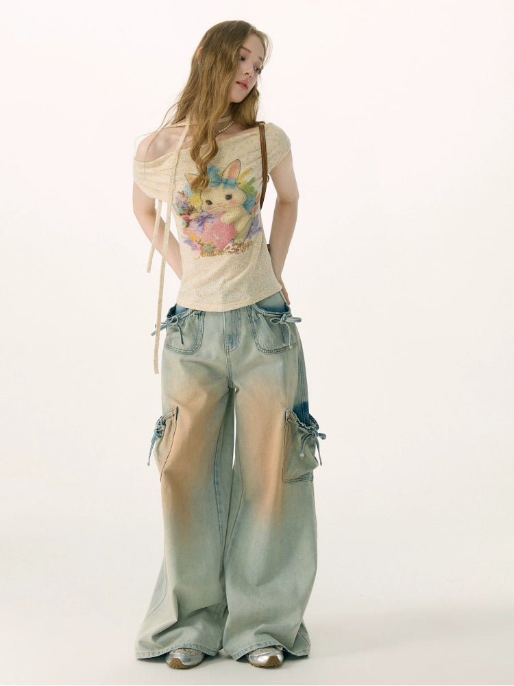 Washed Bow Pocket High Waist Wide-Leg Denim Pants【s0000017069】