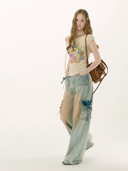 Washed Bow Pocket High Waist Wide-Leg Denim Pants【s0000017069】