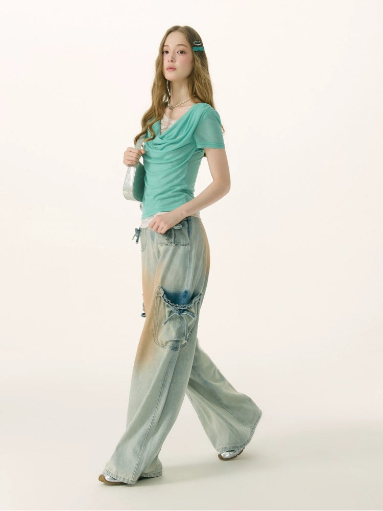 Washed Bow Pocket High Waist Wide-Leg Denim Pants【s0000017069】