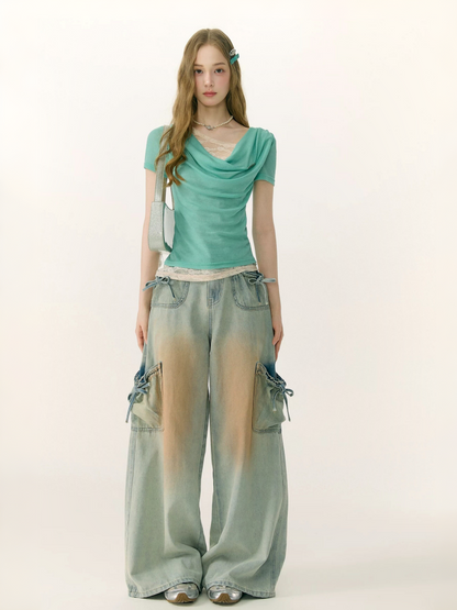 Washed Bow Pocket High Waist Wide-Leg Denim Pants【s0000017069】
