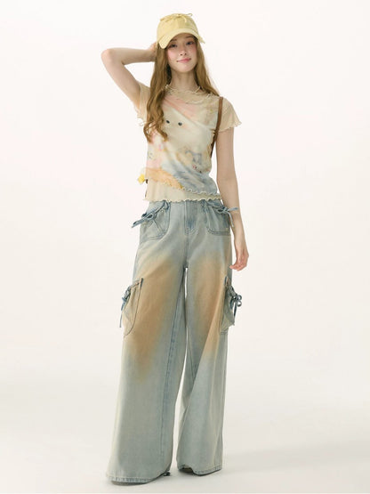 Washed Bow Pocket High Waist Wide-Leg Denim Pants【s0000017069】