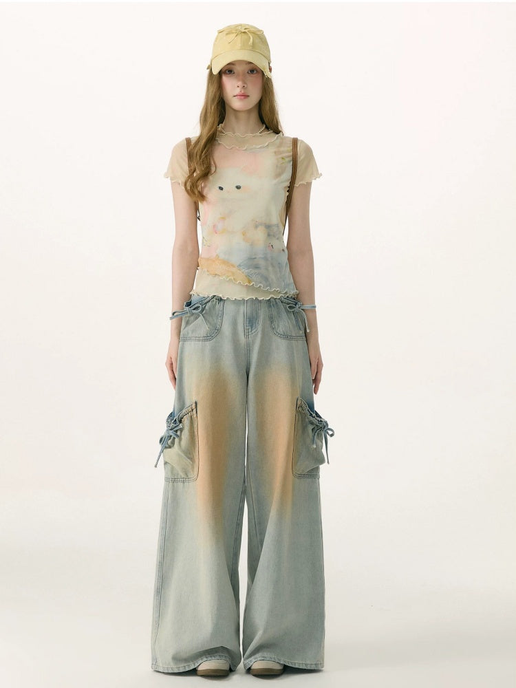 Washed Bow Pocket High Waist Wide-Leg Denim Pants【s0000017069】