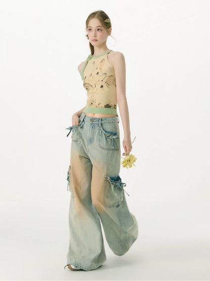Washed Bow Pocket High Waist Wide-Leg Denim Pants【s0000017069】